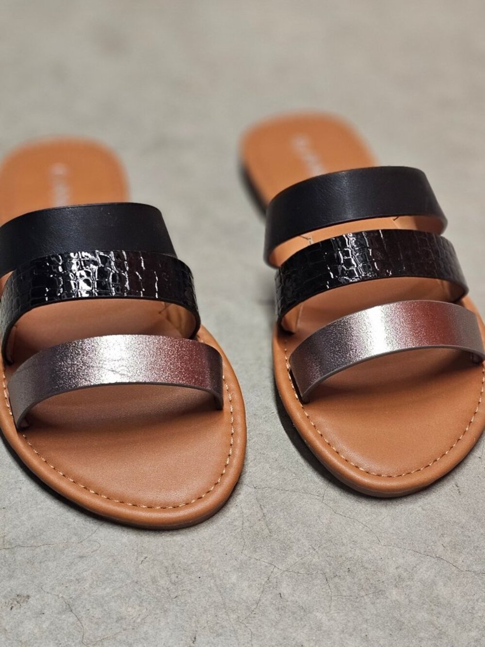 Womens Multi-Strap Slide Sandals With Faux Leather In Black Metallic & Croc-Embo - Picture 6 of 9